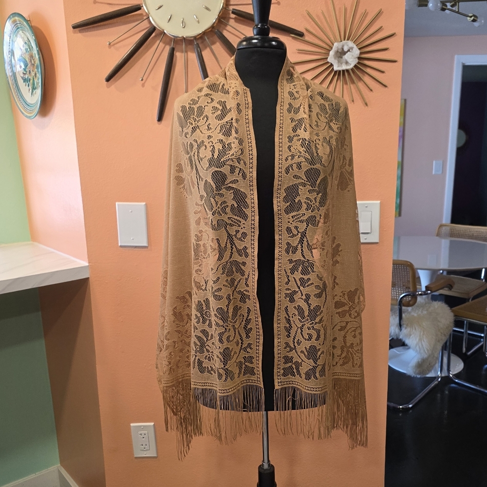 Fringe Wrap Hippie Vintage Tan Floral Lace Scarf Boho Chic Bohemian - Picture 9 of 10